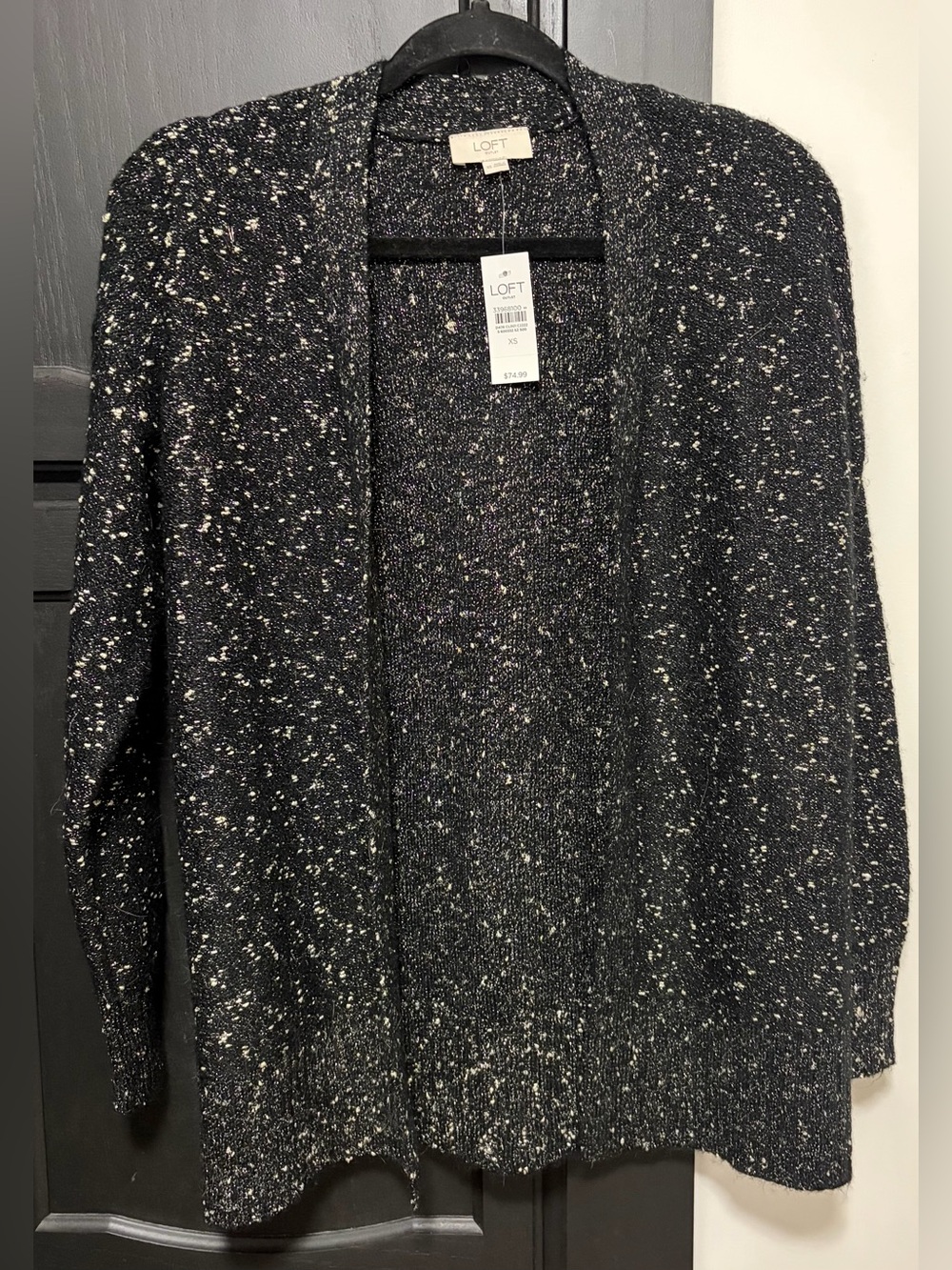 LOFT Open Front Speckled Knit Cardigan Sweater Black White Tweed Marled XS